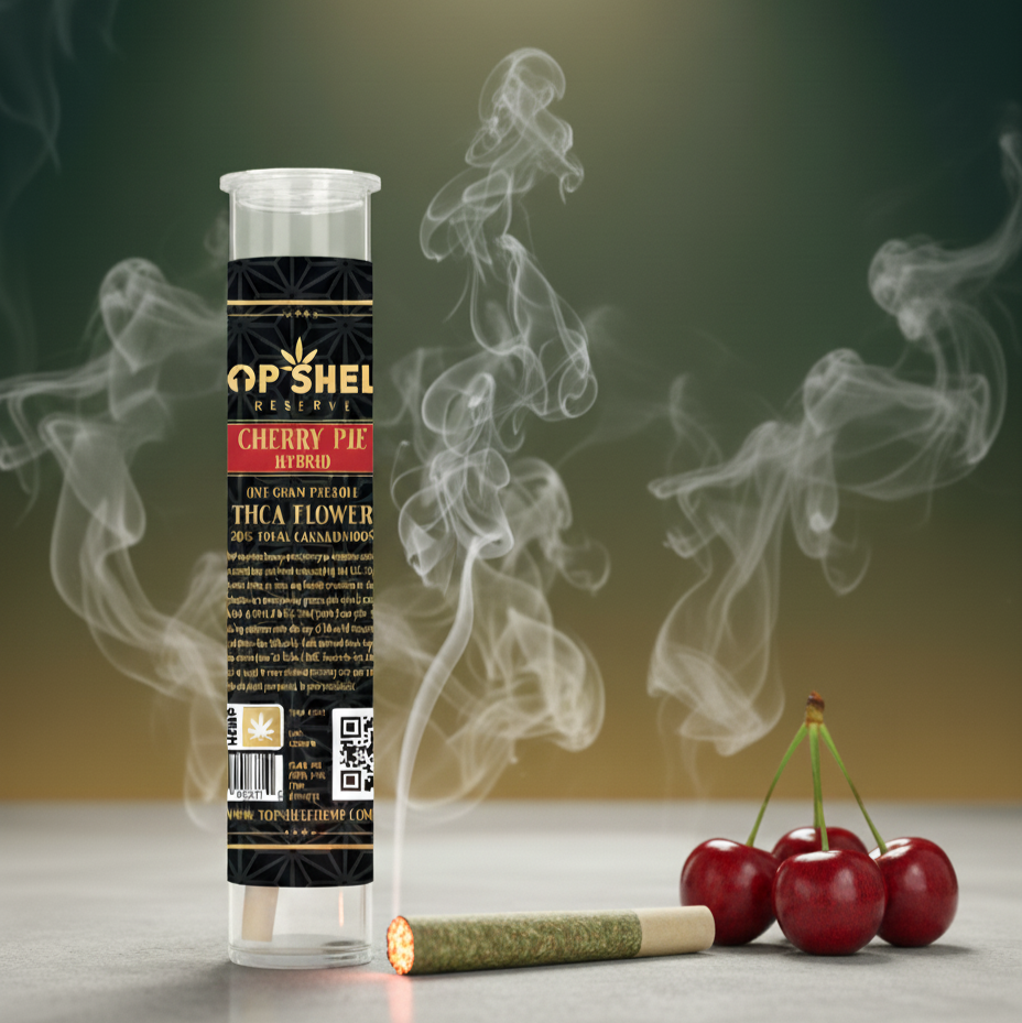 Cannabis pre-roll with cherries and smoke on a gradient background