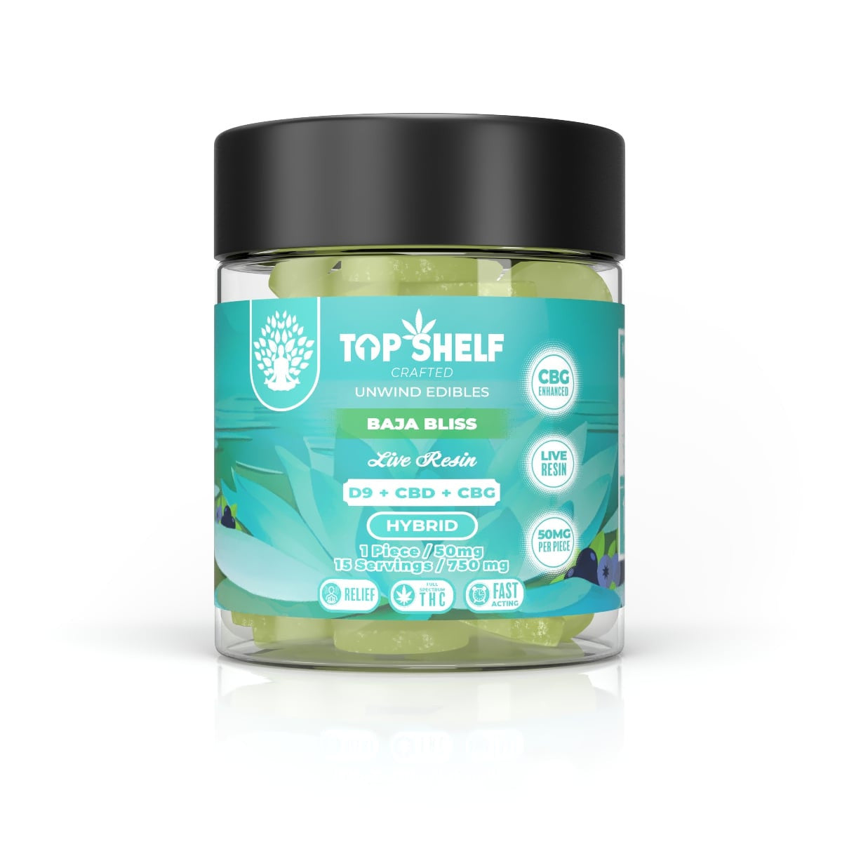 Top Shelf Hemp Co Delta‑9 Full Spectrum Edible 750 mg Jar Baja Bliss flavor — front view of jar