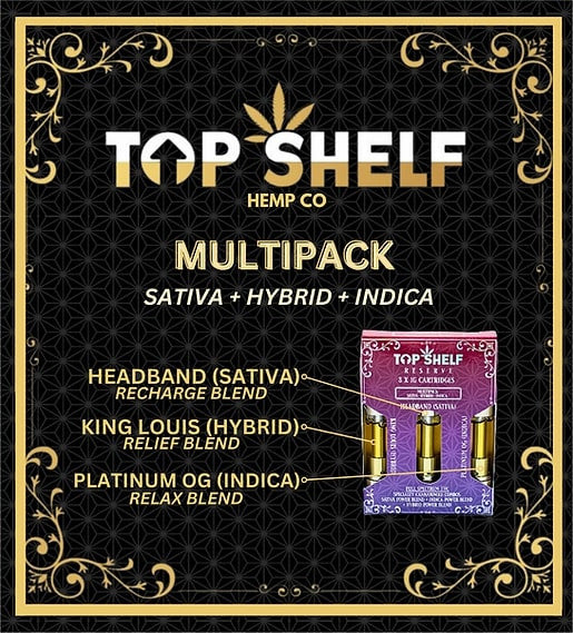 op Shelf Hemp Multi‑Pack Blend 3‑Pack Cartridges (3×1g) — angled view of the packaging highlighting the three strain cartridges.
