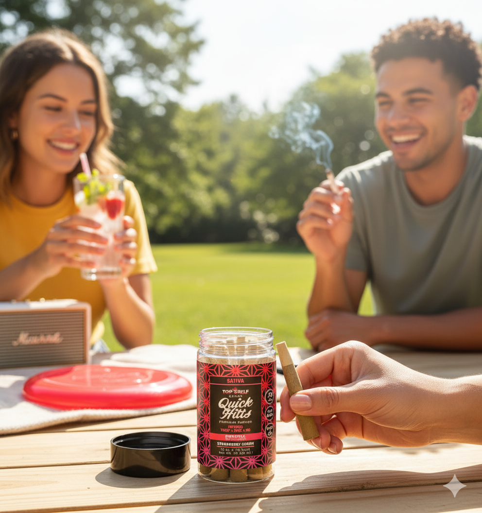 Quick Hitts Strawberry Cough Sativa 10-pack THCA Prerolls Multipack lifestyle shot with people enjoying outdoors from Top Shelf Hemp Co