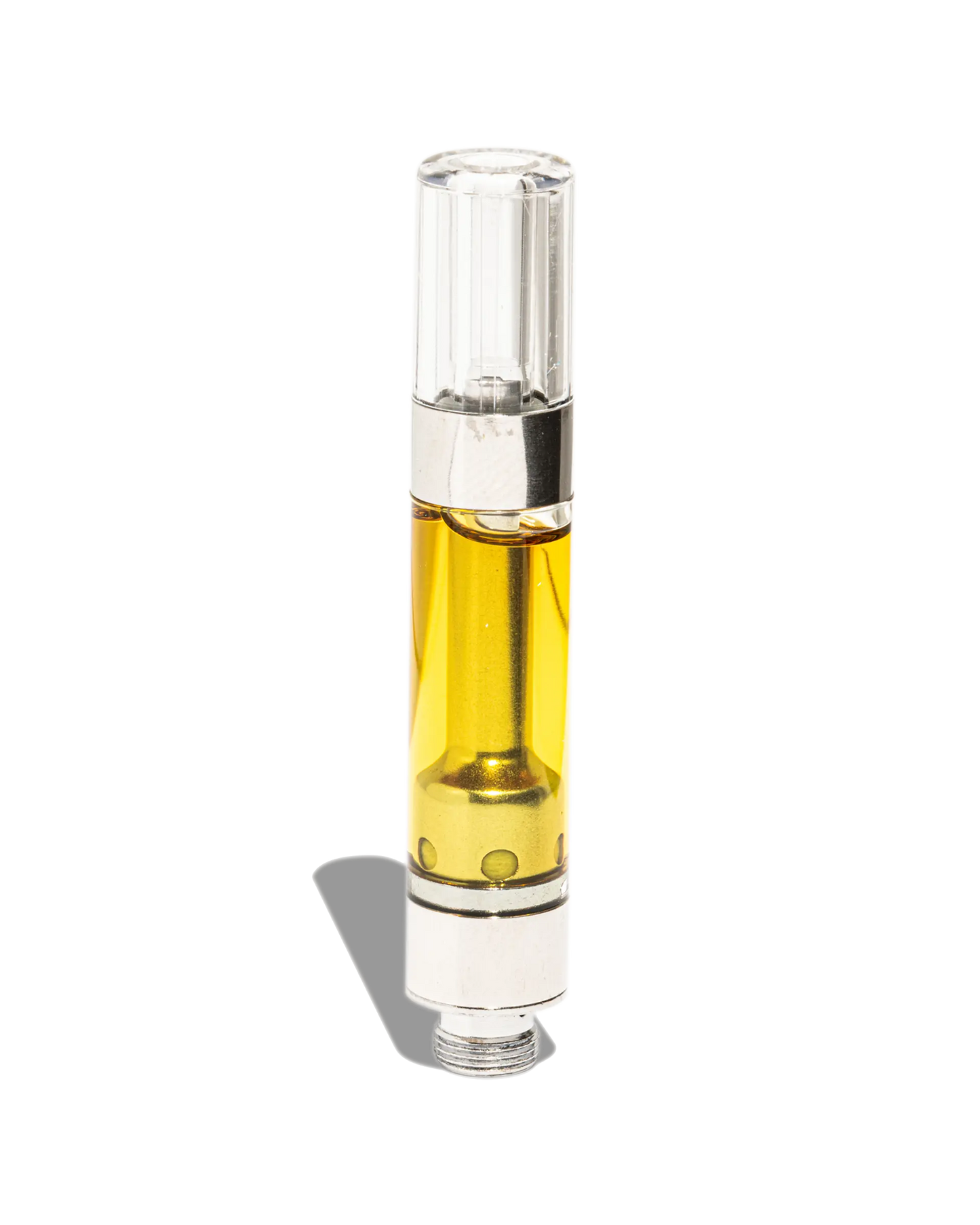 A single cannabis cartridge filled with amber-colored oil, showcasing the product's fine quality and transparency in a simple, sleek design.