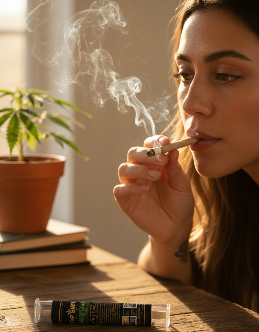 THCA Flower Prerolls Green Crack Sativa 1g lifestyle shot with person enjoying pre-roll and smoke from Top Shelf Hemp Co