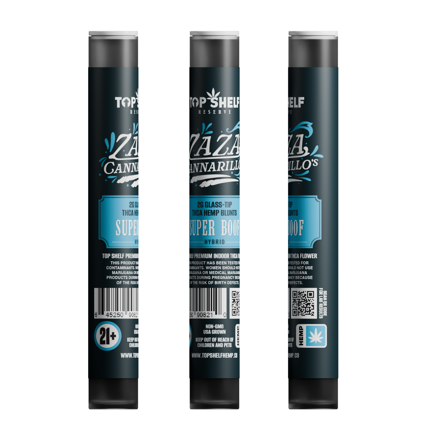 Zaza Cannarillos Super Boof Hybrid 2g Glass Tip THCA Hemp Blunts front view from Top Shelf Hemp Co