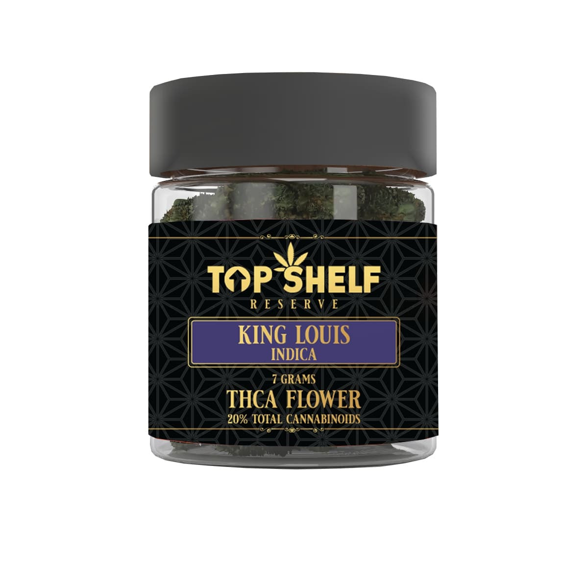 King Louis (Indica) - THCA Flower by Top Shelf Hemp - premium thca flower buds label and packaging