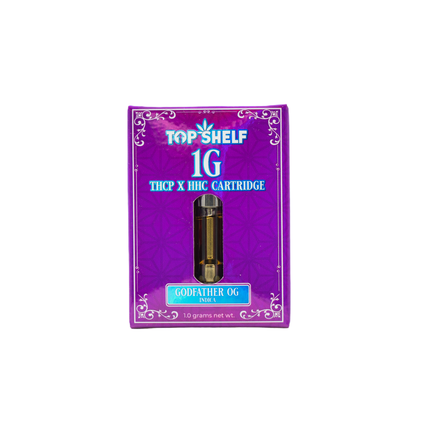 Top Shelf Hemp 1G THCP x HHC Cartridge Godfather OG (Indica) in packaging