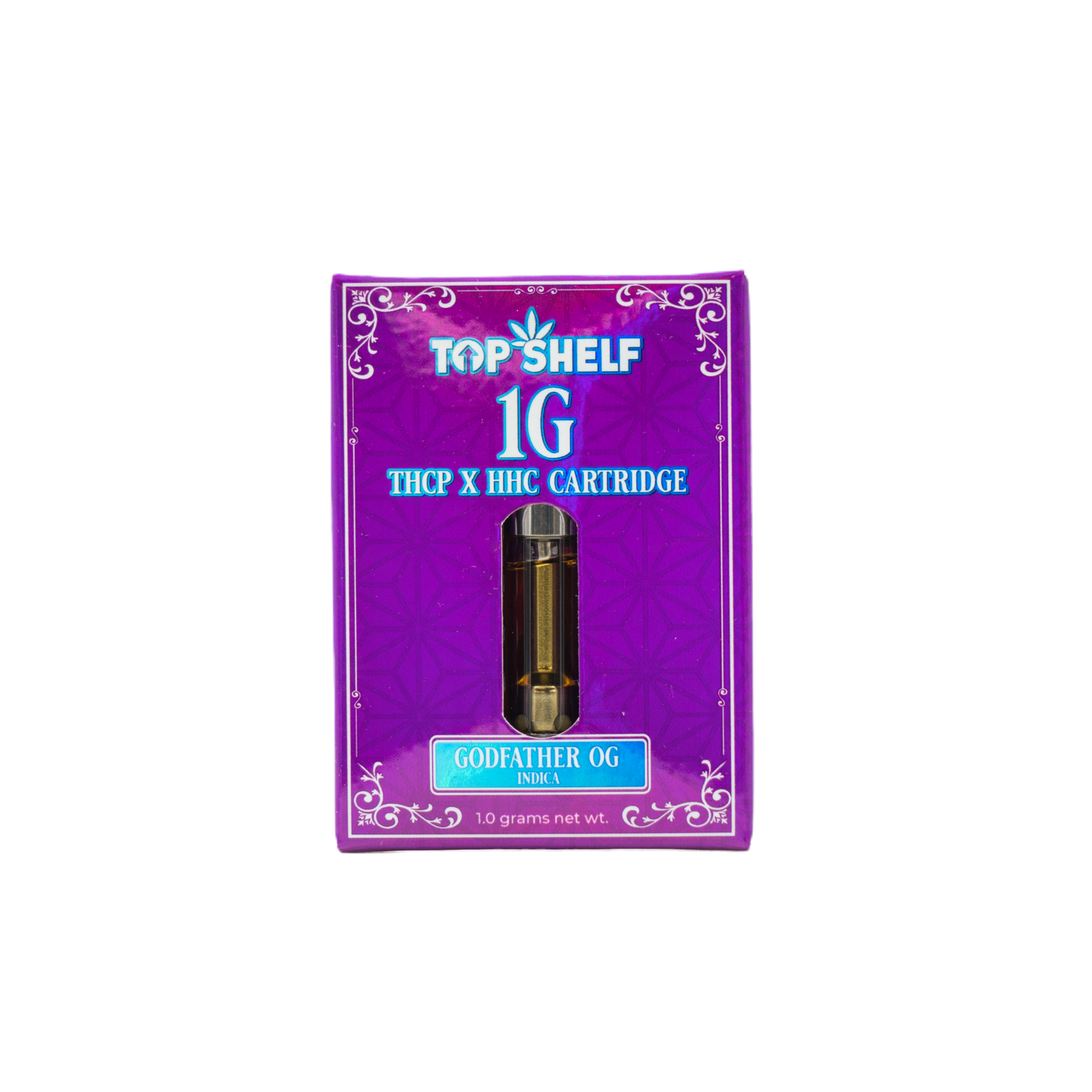 Top Shelf Hemp 1G THCP x HHC Cartridge Godfather OG (Indica) in packaging