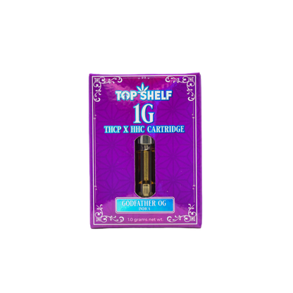 Top Shelf Hemp 1G THCP x HHC Cartridge Godfather OG (Indica) in packaging