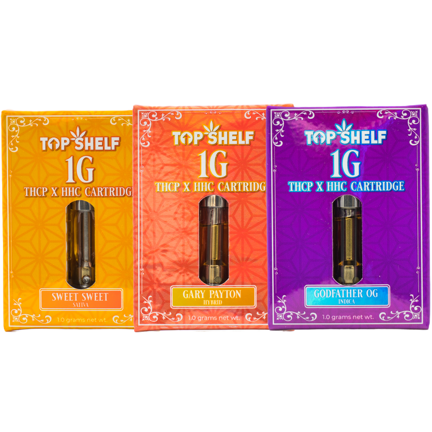 Top Shelf Hemp 1G THCP x HHC Cartridges: Sweet Sweet (Sativa), Gary Payton (Hybrid), Godfather OG (Indica)