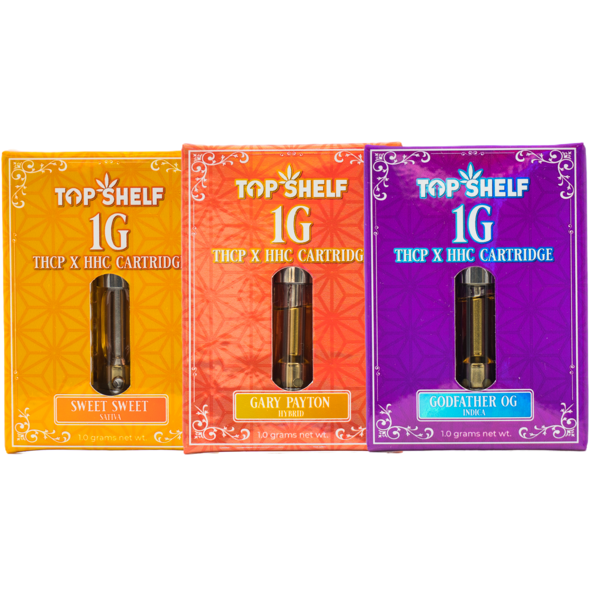 Top Shelf Hemp 1G THCP x HHC Cartridges: Sweet Sweet (Sativa), Gary Payton (Hybrid), Godfather OG (Indica)