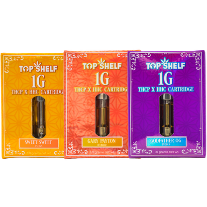 Top Shelf Hemp 1G THCP x HHC Cartridges: Sweet Sweet (Sativa), Gary Payton (Hybrid), Godfather OG (Indica)