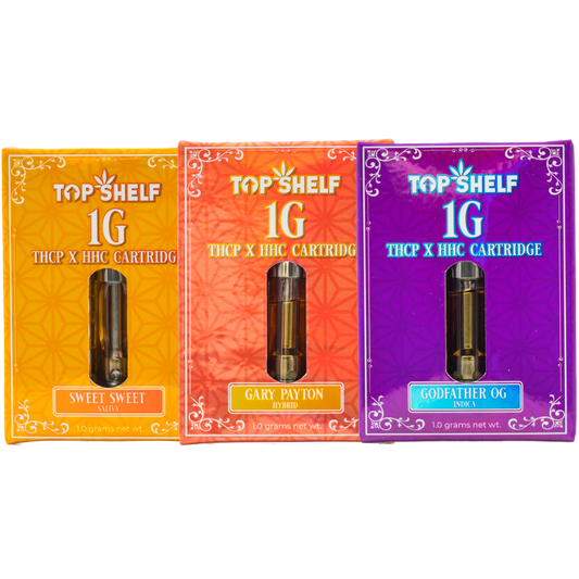 Top Shelf Hemp 1G THCP x HHC Cartridges: Sweet Sweet (Sativa), Gary Payton (Hybrid), Godfather OG (Indica)