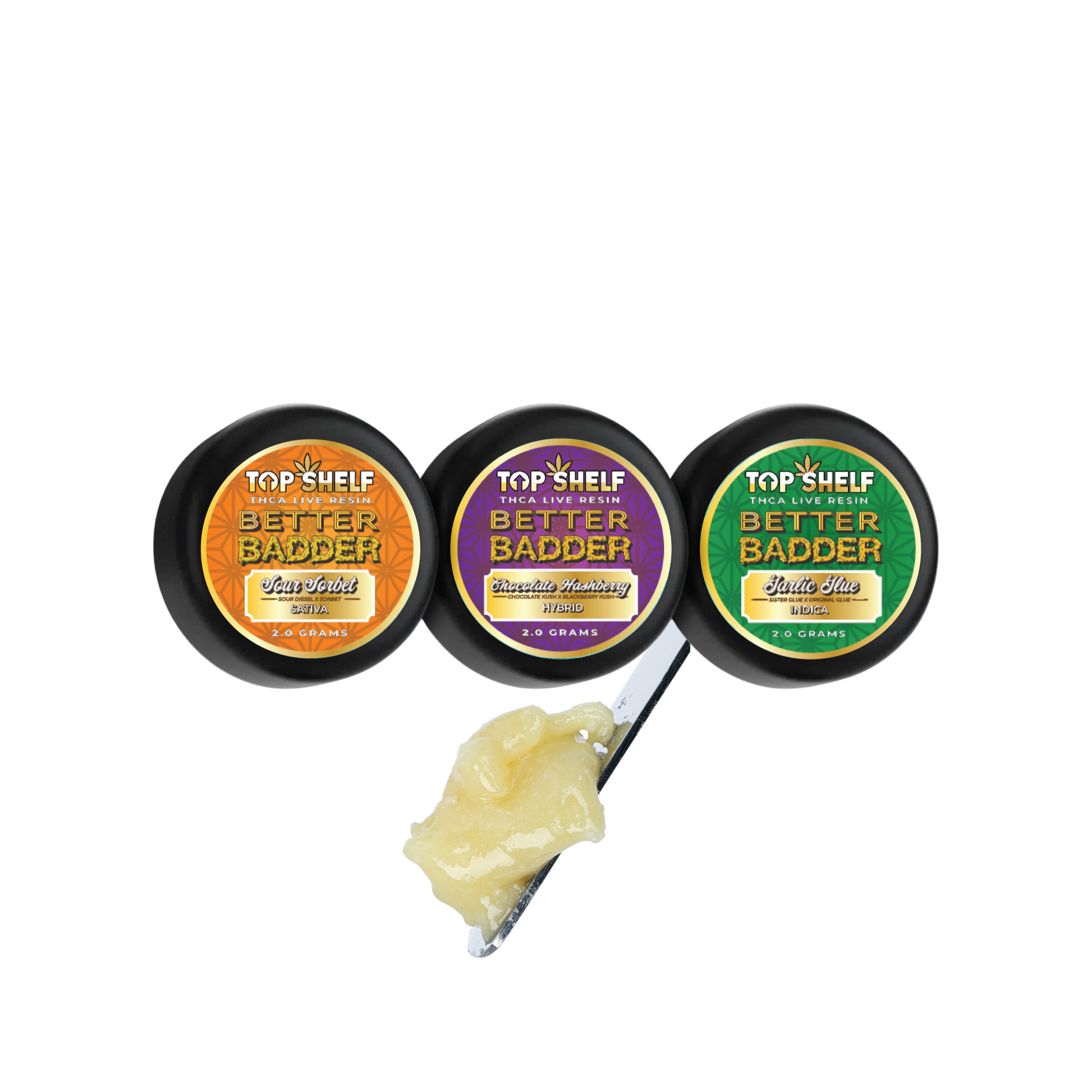 Top Shelf Hemp Co. 2g Better Badder Live Resin – Glass Sherbet, Paradise Strawberry, Garlic Lime with spoonful of resin