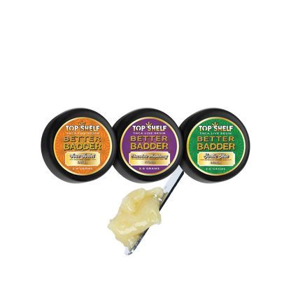 Top Shelf Hemp Co. 2g Better Badder Live Resin – Glass Sherbet, Paradise Strawberry, Garlic Lime with spoonful of resin