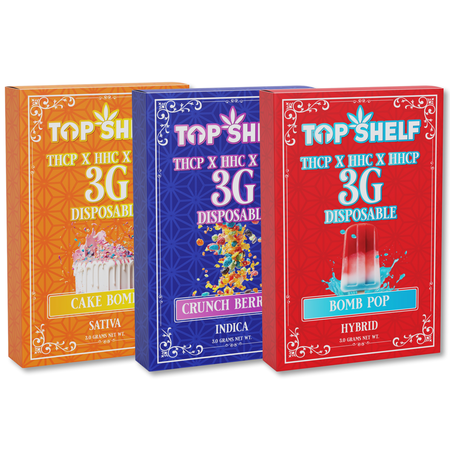 Top Shelf Hemp 3g THCP x HHC x HHCP Disposable Vape Cake Bomb, Crunch Berry, Bomb Pop (Sativa, Indica, Hybrid) front view