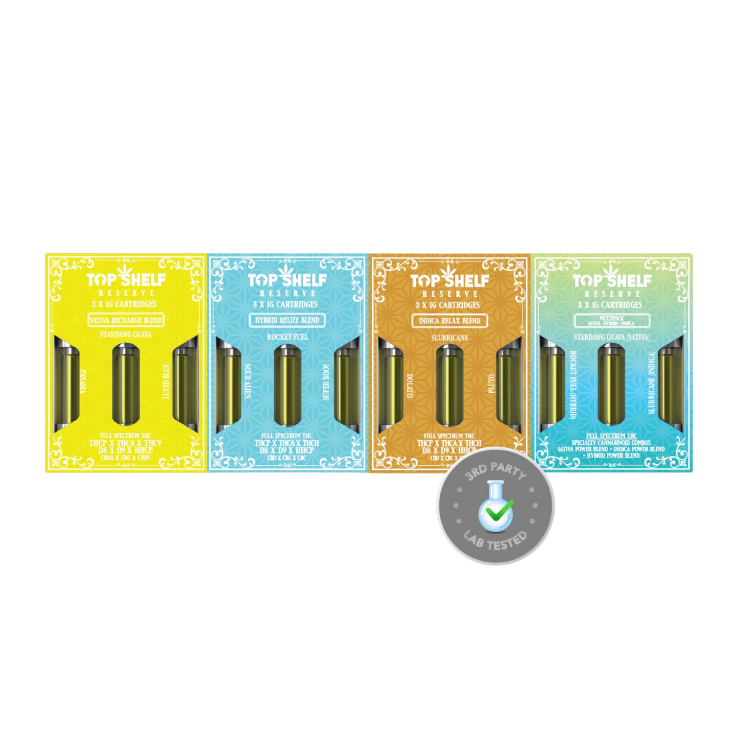 A pack of 3 cannabis cartridges in vibrant packaging, each labeled with distinct strains: Yellow "Stardawg", Blue "Rocky Fuel", Orange "Sour Diesel", and Green "Strawberry Cough", designed for different effects.