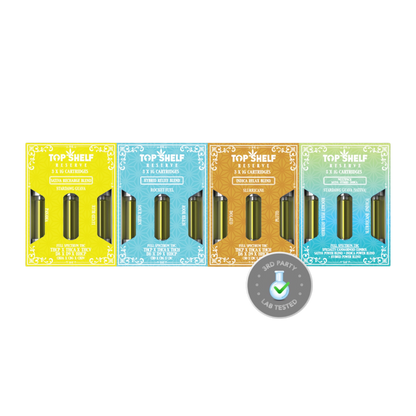 A pack of 3 cannabis cartridges in vibrant packaging, each labeled with distinct strains: Yellow "Stardawg", Blue "Rocky Fuel", Orange "Sour Diesel", and Green "Strawberry Cough", designed for different effects.