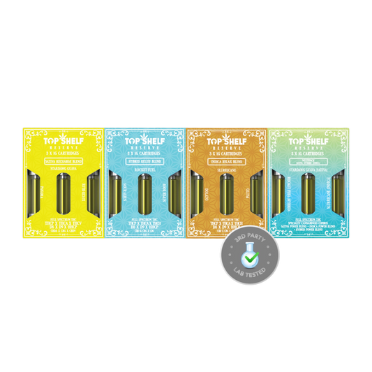 A pack of 3 cannabis cartridges in vibrant packaging, each labeled with distinct strains: Yellow "Stardawg", Blue "Rocky Fuel", Orange "Sour Diesel", and Green "Strawberry Cough", designed for different effects.
