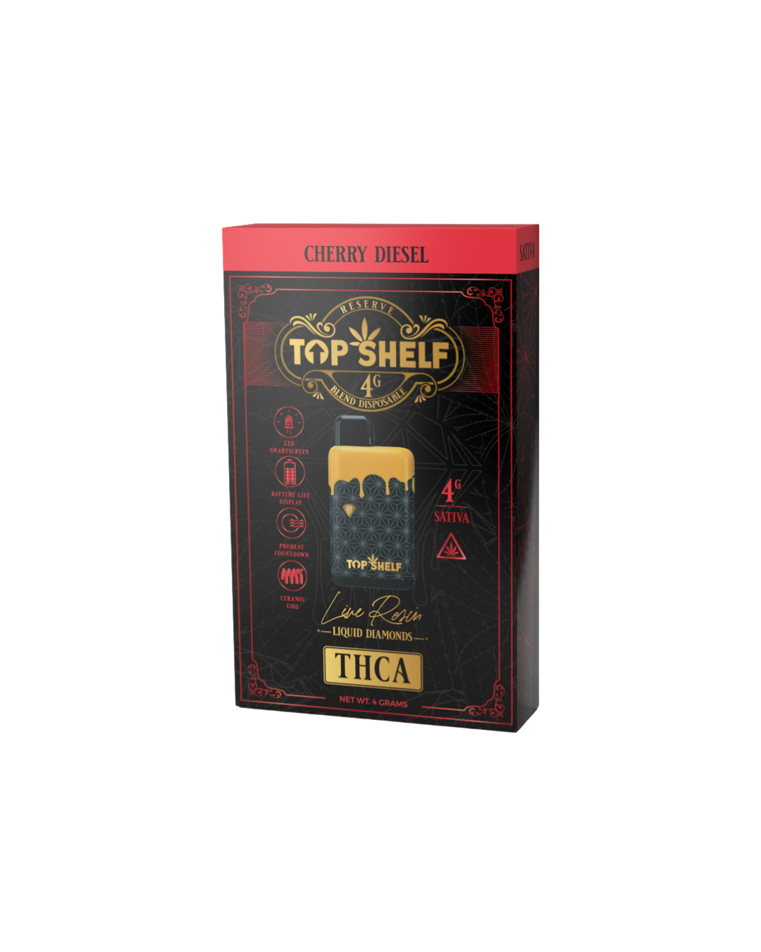 Top Shelf Hemp 4g THC-A Blend Disposable featuring Cherry Diesel, live resin liquid diamonds, sativa strain, 4g capacity