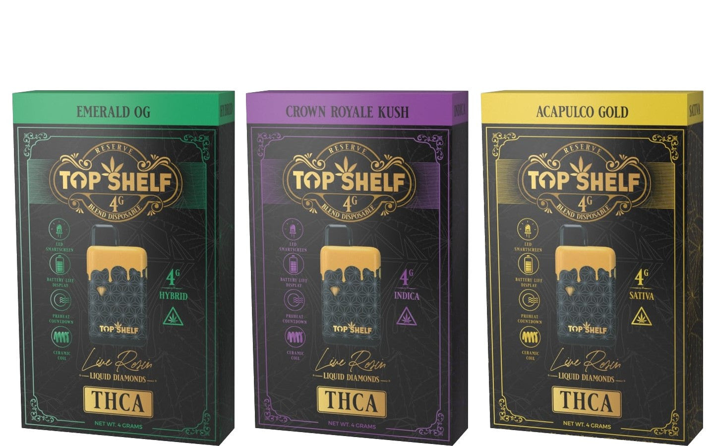 Top Shelf Hemp 4g THC-A Blend Disposable, featuring Emerald OG, Crown Royale Kush, and Acapulco Gold, with live resin liquid diamonds in hybrid, indica, and sativa strains respectively.
