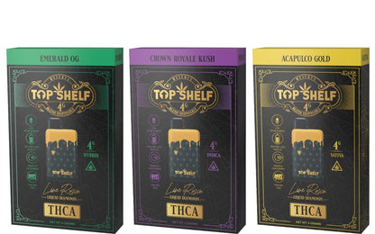 Top Shelf Hemp 4g THC-A Blend Disposable, featuring Emerald OG, Crown Royale Kush, and Acapulco Gold, with live resin liquid diamonds in hybrid, indica, and sativa strains respectively.
