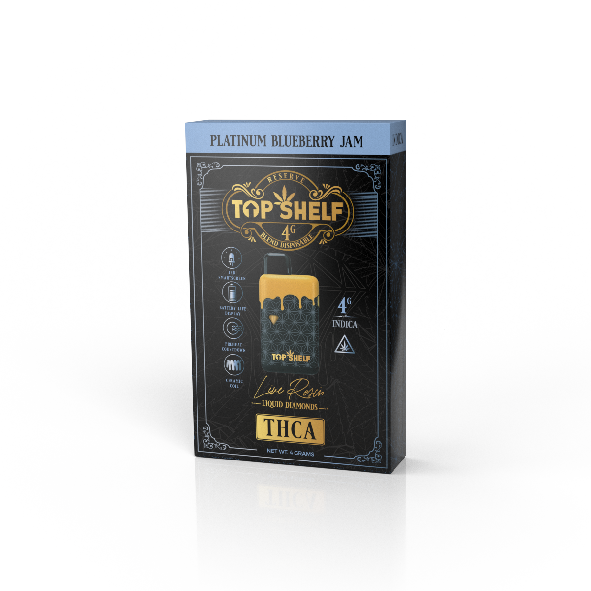 Top Shelf Hemp 4g THC-A Blend Disposable featuring Platinum Blueberry Jam, live resin liquid diamonds, indica strain, 4g capacity.