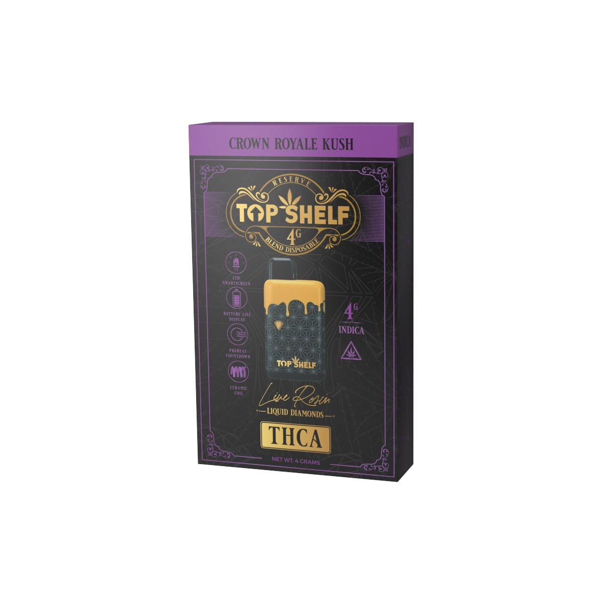 Top Shelf Hemp 4g THC-A Disposable, Crown Royale Kush strain, front view of the device and packaging, featuring Live Resin Liquid Diamonds in a black and purple box.