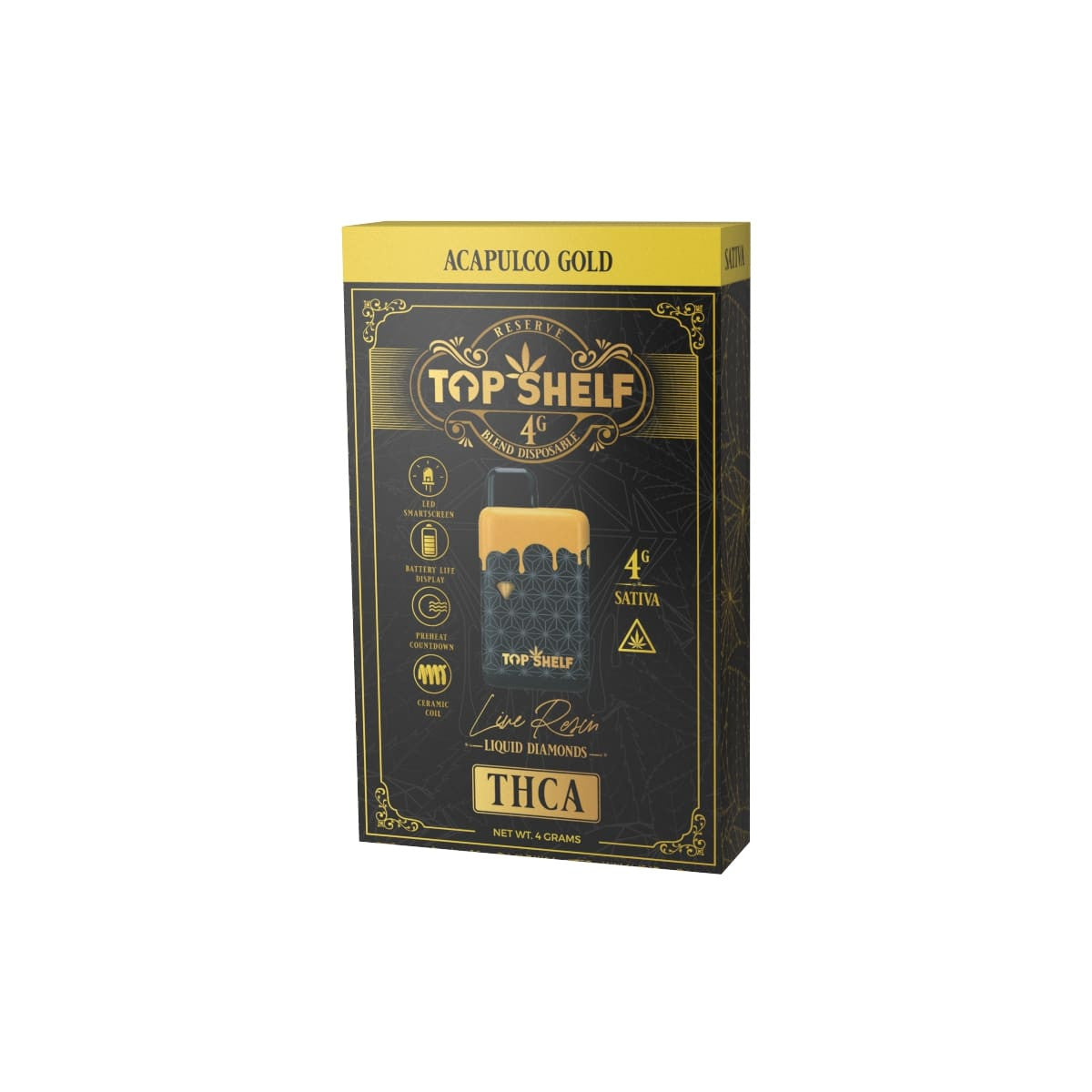 Top Shelf Hemp 4g THC-A Disposable, Crown Royale Kush strain, front view of the device and packaging, featuring Live Resin Liquid Diamonds in a sleek black and gold box.