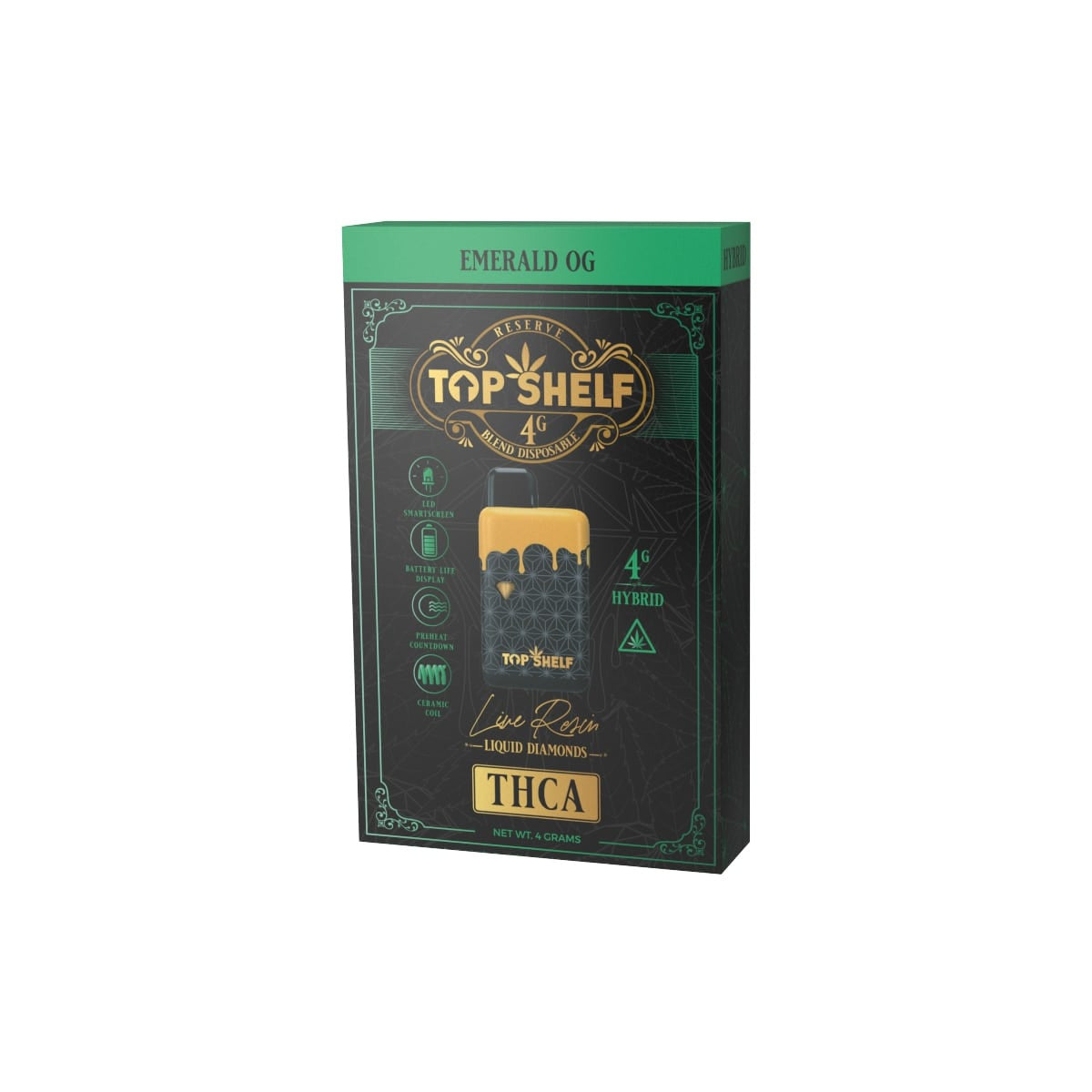 Top Shelf Hemp 4g THC-A Disposable, Emerald OG strain, front view of the device and packaging, featuring Live Resin Liquid Diamonds in a sleek black and gold box.