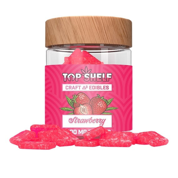 Strawberry Delta-8 Edibles 1000mg Jar with red strawberry-flavored gummies, and the jar prominently displaying a fruity strawberry design.