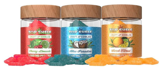 Top Shelf Hemp Craft Edibles – Honey Limeade, Blue Paradise, and Sweet Citrus flavors in 1000mg jars – front view showing gummies in each jar.