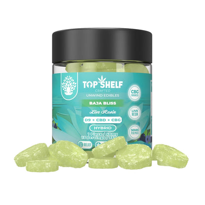 Top Shelf Hemp Co Delta‑9 Full Spectrum Edible 750 mg Jar Baja Bliss flavor — close‑up of label and jar