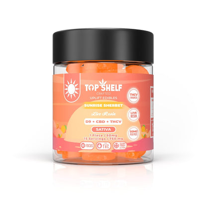 Top Shelf Hemp Co Delta‑9 Full Spectrum Edible 750 mg Jar Sunrise Sherbet flavor — front view of jar