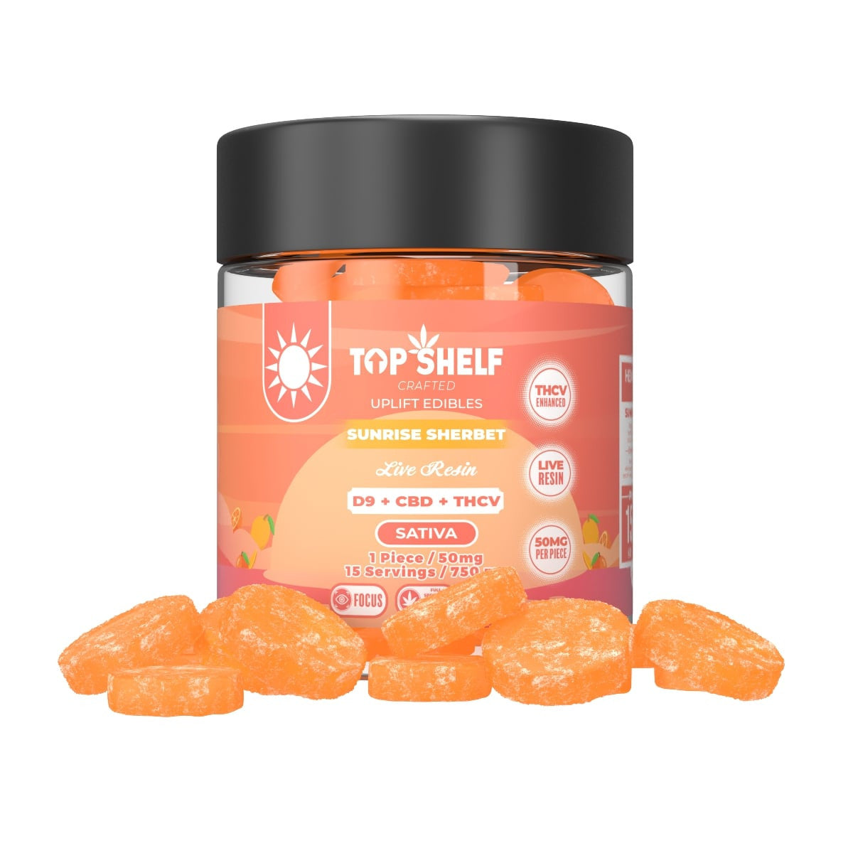 Top Shelf Hemp Co Delta‑9 Full Spectrum Edible 750 mg Jar Sunrise Sherbet flavor — lifestyle shot with jar in use