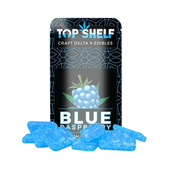 Top Shelf Hemp Delta‑9 Edibles 150 mg Bag Blue Raspberry flavor – front view of bag