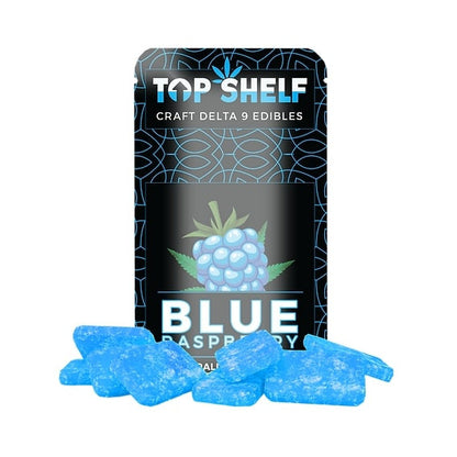 Top Shelf Hemp Delta‑9 Edibles 150 mg Bag Blue Raspberry flavor – front view of bag
