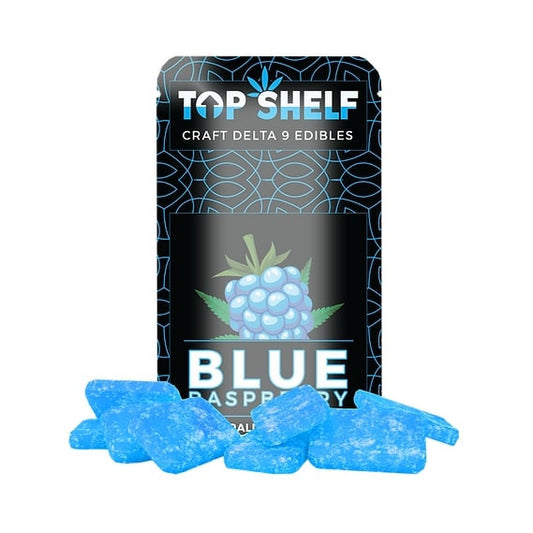 Top Shelf Hemp Delta‑9 Edibles 150 mg Bag Blue Raspberry flavor – front view of bag
