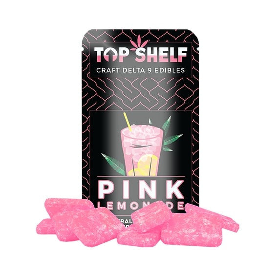 Top Shelf Hemp Delta‑9 Edibles 150 mg Bag Pink Lemonade flavor – front view of bag