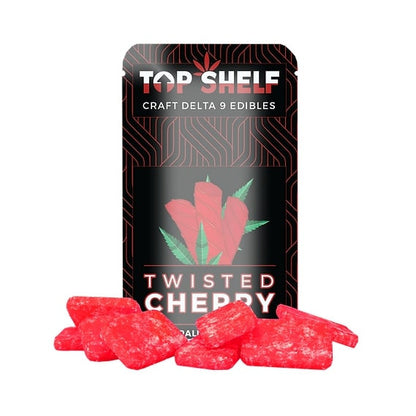 Top Shelf Hemp Delta‑9 Edibles 150 mg Bag Twisted Cherry flavor – front view of bag