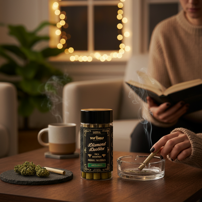 Diamond Doobies Green Crack Sativa 5-pack THCA Diamonds Preroll Multipack lifestyle shot from Top Shelf Hemp Co, with pre-rolls and smoke in a cozy indoor setting