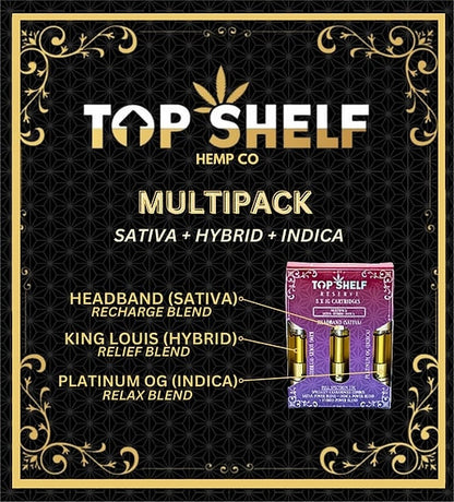op Shelf Hemp Multi‑Pack Blend 3‑Pack Cartridges (3×1g) — angled view of the packaging highlighting the three strain cartridges.