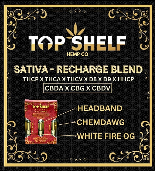 Top Shelf Hemp OG Sativa “Recharge” Blend 3‑Pack Cartridges – close‑up of packaging and branding