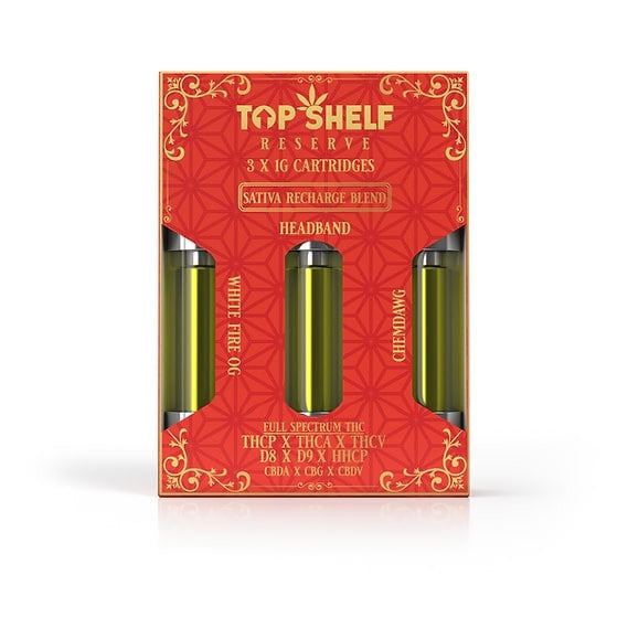 Top Shelf Hemp OG Sativa “Recharge” Blend 3‑Pack Cartridges – front view of packaging