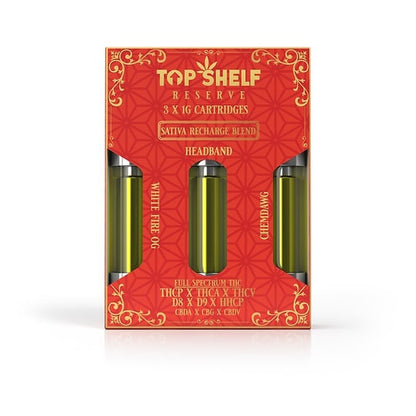 Top Shelf Hemp OG Sativa “Recharge” Blend 3‑Pack Cartridges – front view of packaging