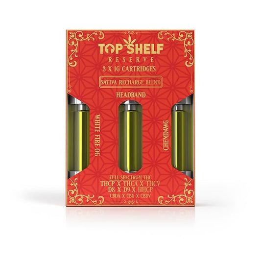 Top Shelf Hemp OG Sativa “Recharge” Blend 3‑Pack Cartridges – front view of packaging