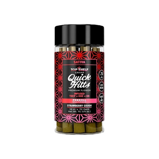Quick Hitts Strawberry Cough Sativa 10-pack THCA Prerolls Multipack front view from Top Shelf Hemp Co