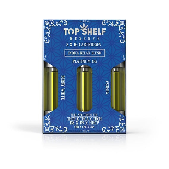 Top Shelf Hemp Indica “Relax” Blend 3‑Pack Cartridges (Berry White, Platinum OG, Mimosa) front view