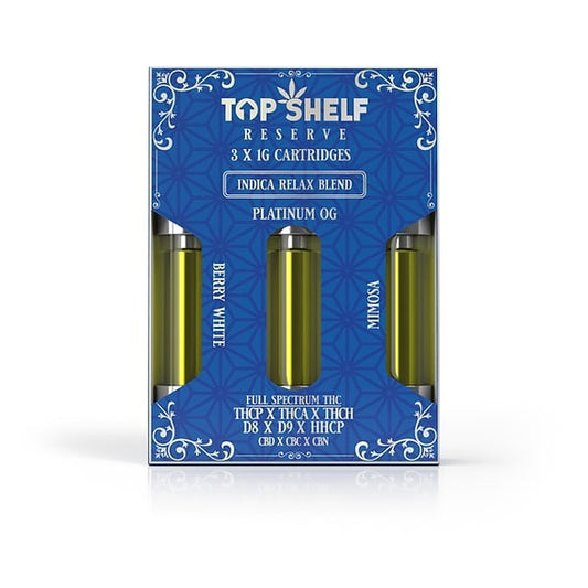 Top Shelf Hemp Indica “Relax” Blend 3‑Pack Cartridges (Berry White, Platinum OG, Mimosa) front view
