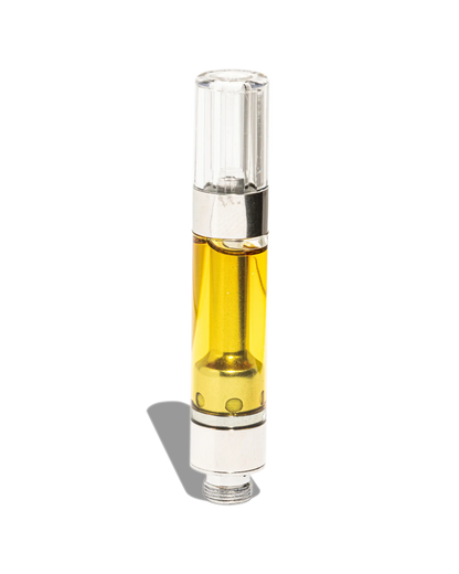 A single cannabis cartridge filled with amber-colored oil, showcasing the product's fine quality and transparency in a simple, sleek design.