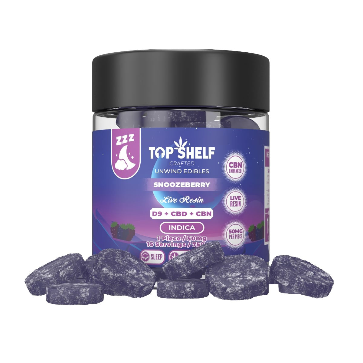 Top Shelf Hemp Snoozeberry Live Resin Delta-9, CBD, and CBN Unwind Edibles — 750mg jar, featuring 50mg pieces for restful sleep (Indica), with a soothing, calming effect for better rest.