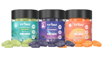 Top Shelf Sunrise Sherbet, Snoozeberry, and Baja Bliss Delta-9, CBD, CBN, and CBG live resin edibles jars. Different strains for various effects, 50mg per piece, 750mg total each.